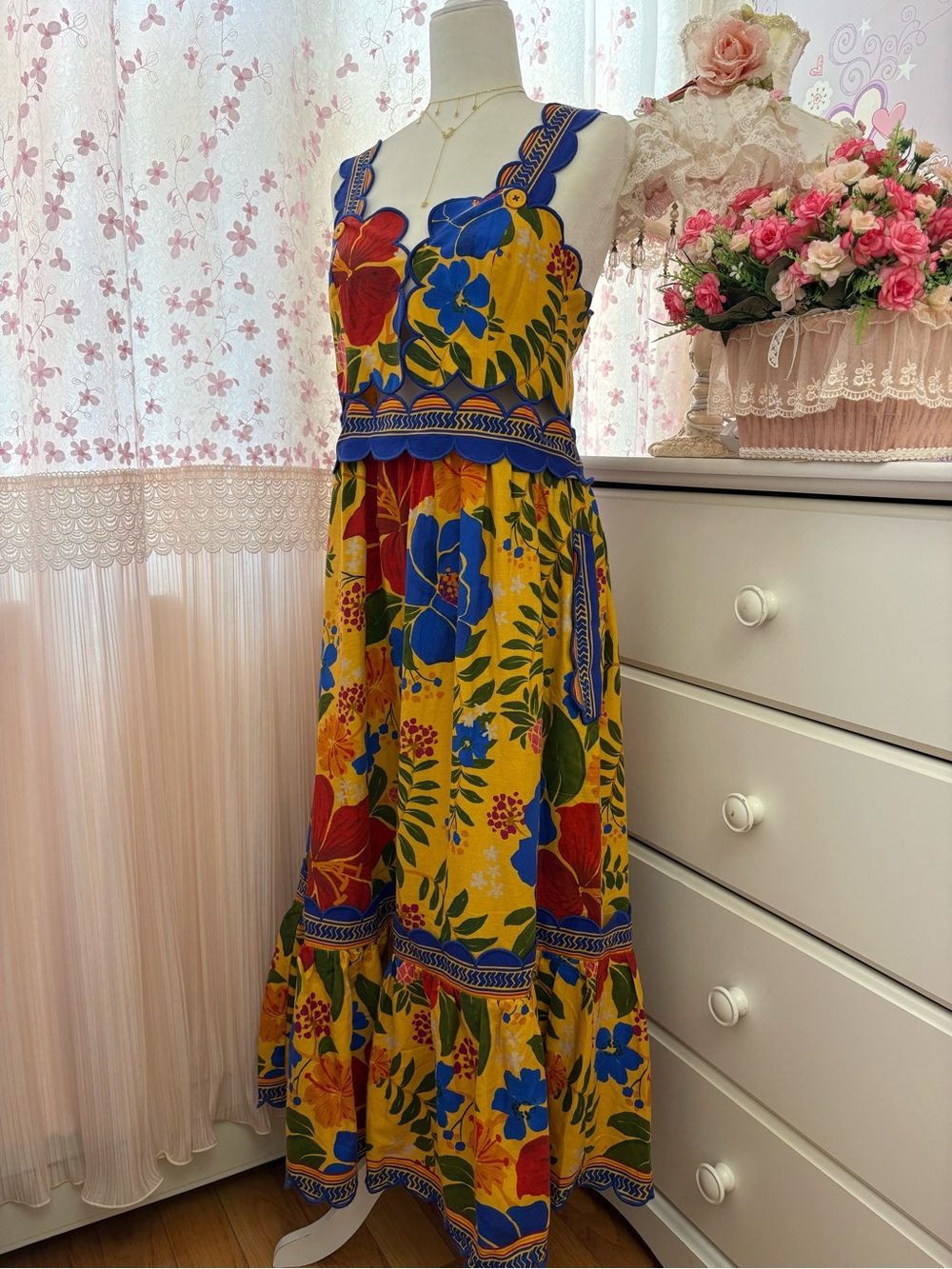 Farm Rio Cutout Floral Print Linen Blend Midi Dress - Picture 4 of 7